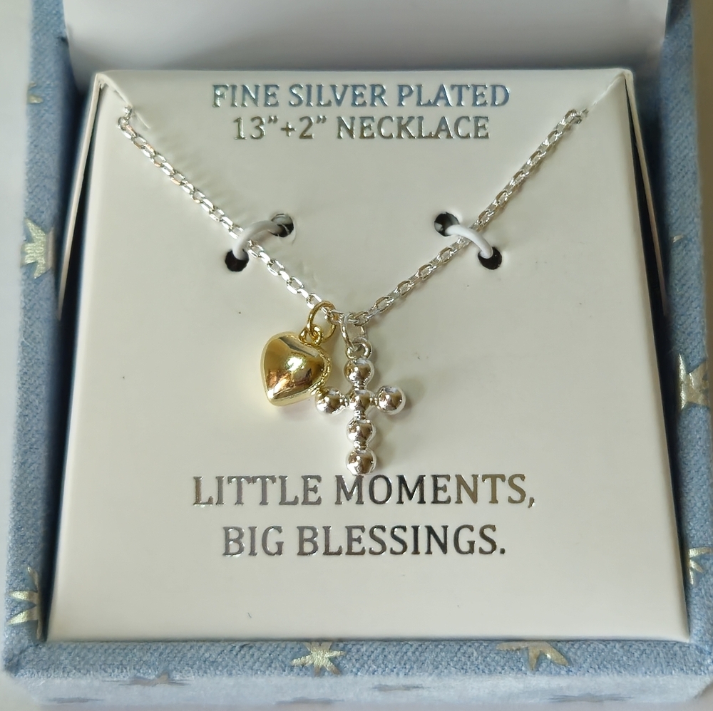 Gratitude & Grace Tiny Silver Cross CZ Heart Necklace